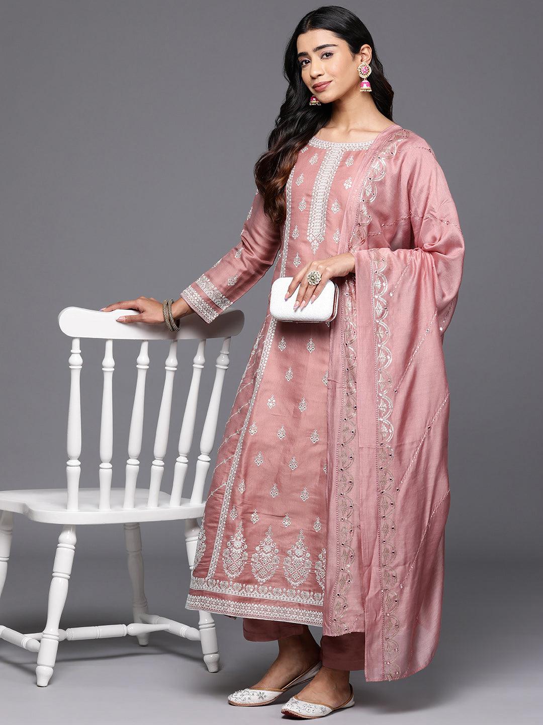 Libas Art Rusty Pink Embroidered Silk Blend A-Line Kurta With Trousers & Dupatta - Libas 