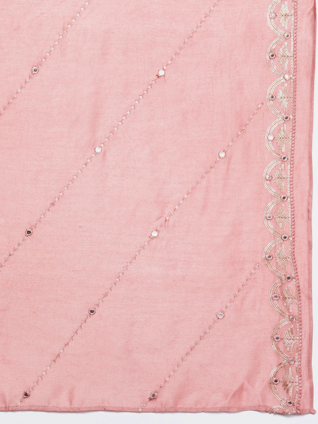 Libas Art Rusty Pink Embroidered Silk Blend A-Line Kurta With Trousers & Dupatta - Libas 