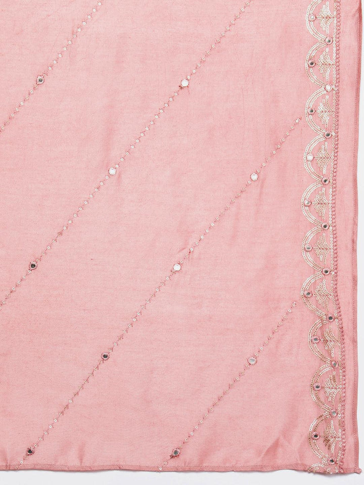 Libas Art Rusty Pink Embroidered Silk Blend A-Line Kurta With Trousers & Dupatta - Libas