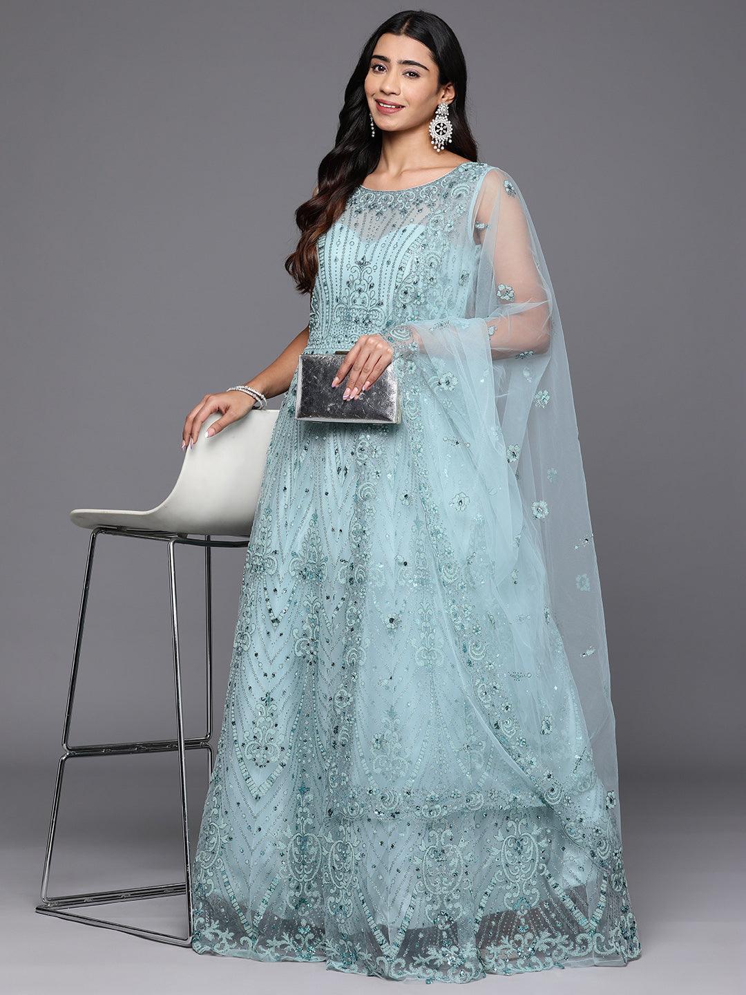 Libas Art Sea Green Embellished Net Gown Dress With Dupatta - Libas 