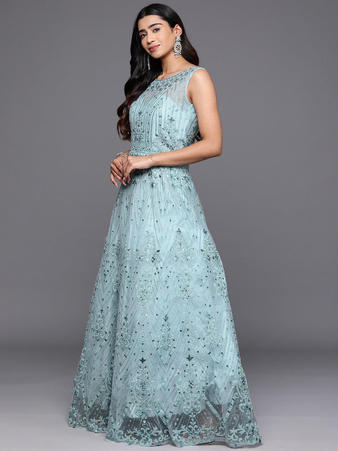 Libas Art Sea Green Embellished Net Gown Dress With Dupatta - Libas 