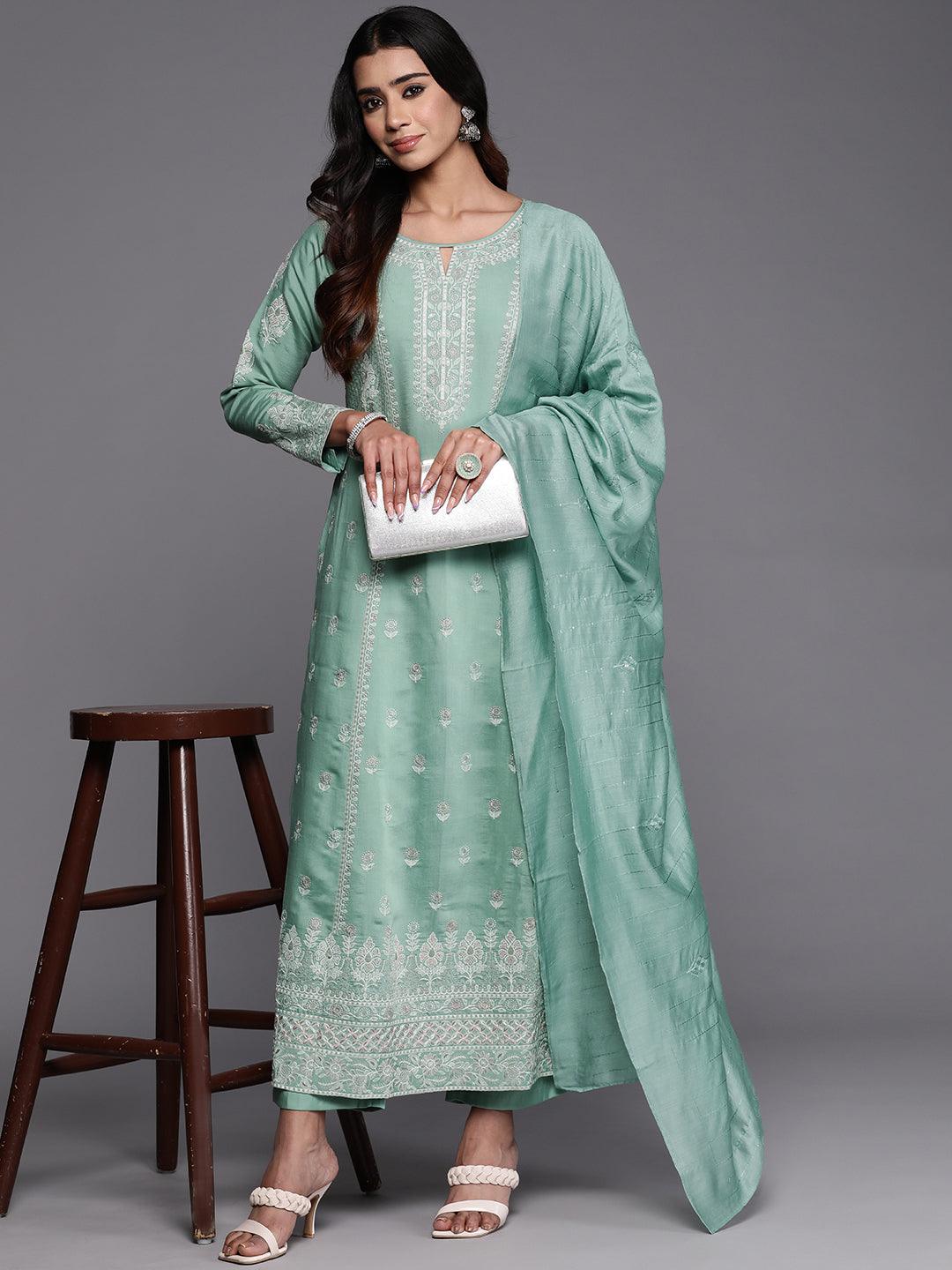 Libas Art Sea Green Embroidered Silk Blend A-Line Kurta With Trousers & Dupatta - Libas 