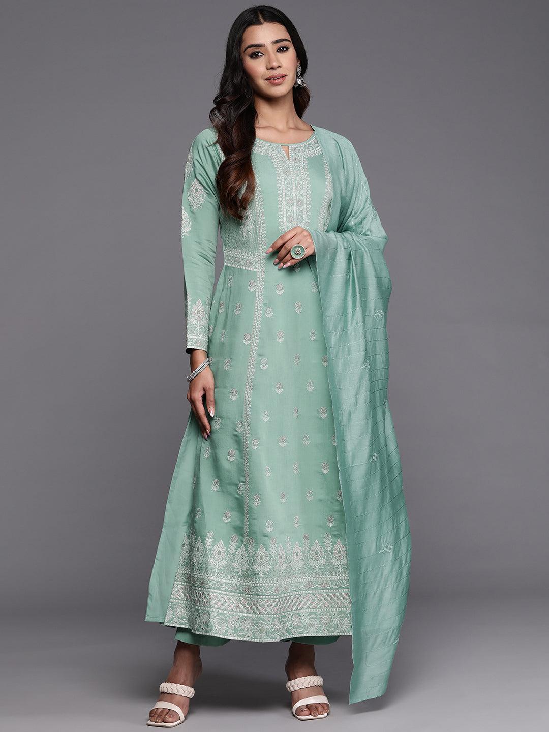 Libas Art Sea Green Embroidered Silk Blend A-Line Kurta With Trousers & Dupatta - Libas 