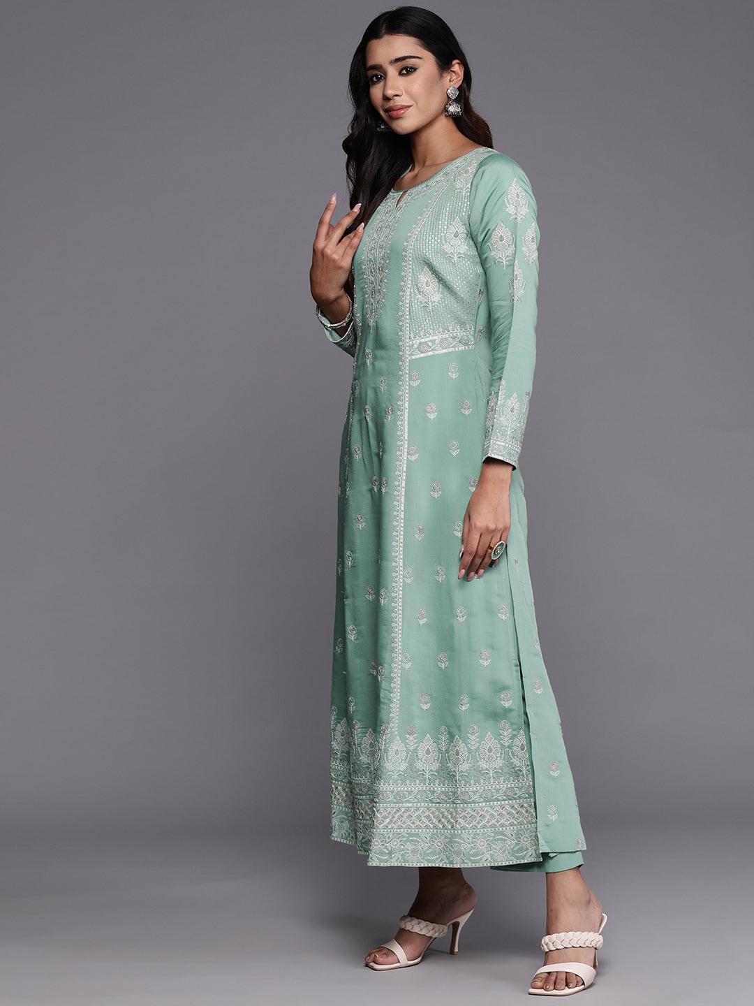 Libas Art Sea Green Embroidered Silk Blend A-Line Kurta With Trousers & Dupatta - Libas 