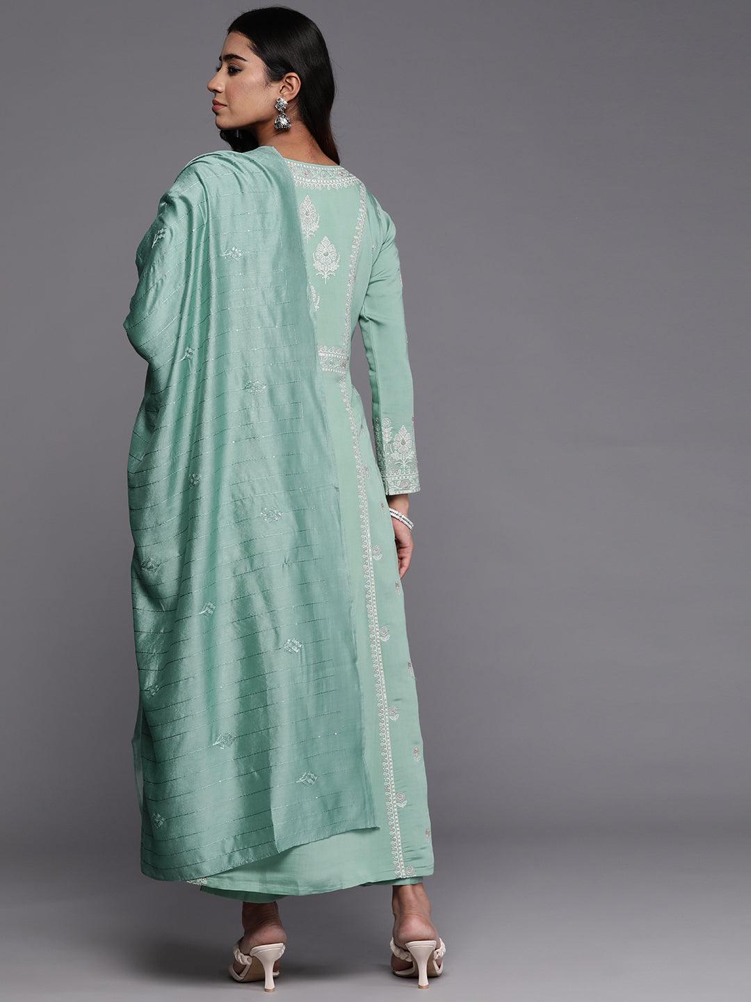 Libas Art Sea Green Embroidered Silk Blend A-Line Kurta With Trousers & Dupatta - Libas 