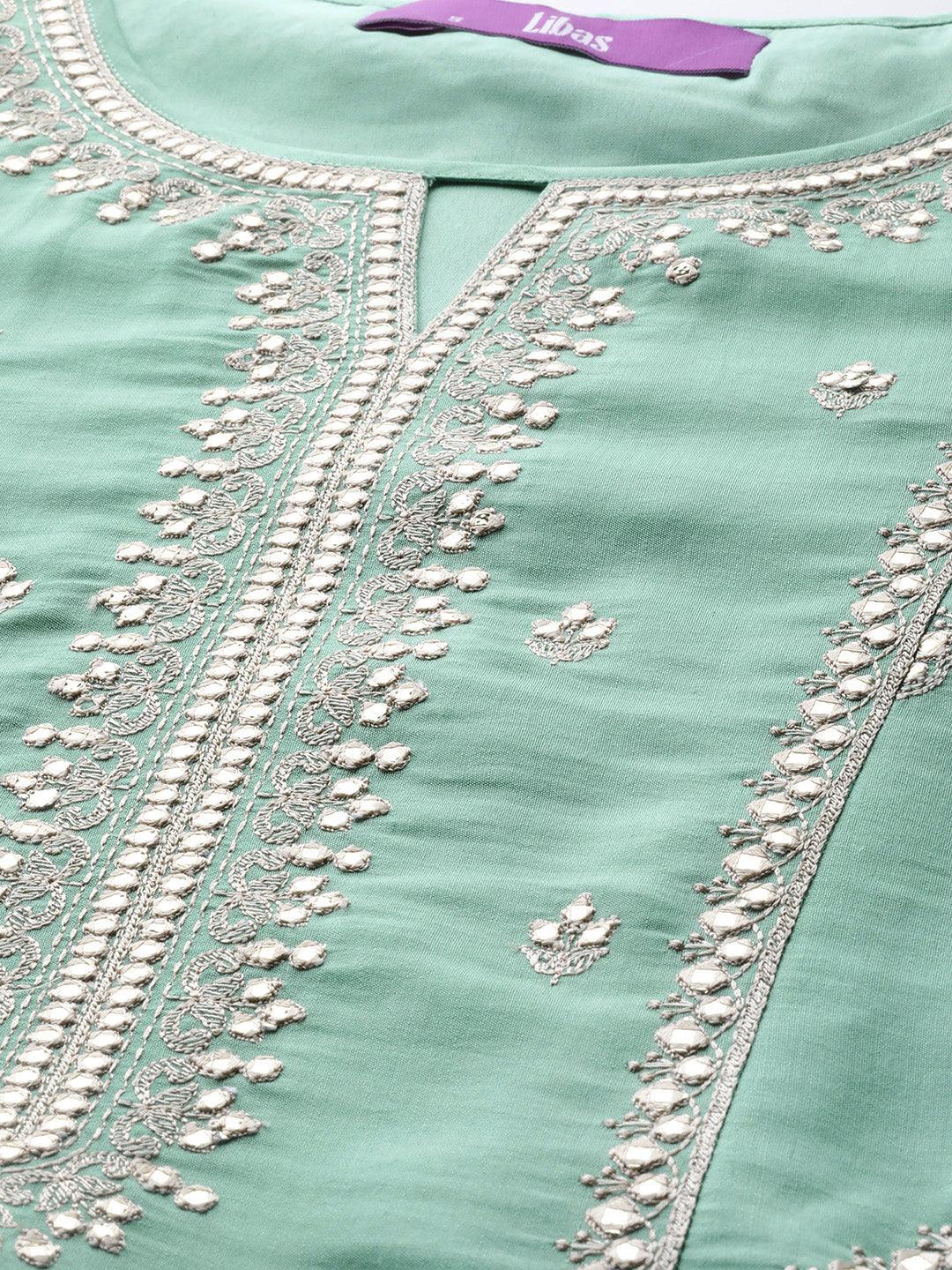Libas Art Sea Green Embroidered Silk Blend A-Line Kurta With Trousers & Dupatta