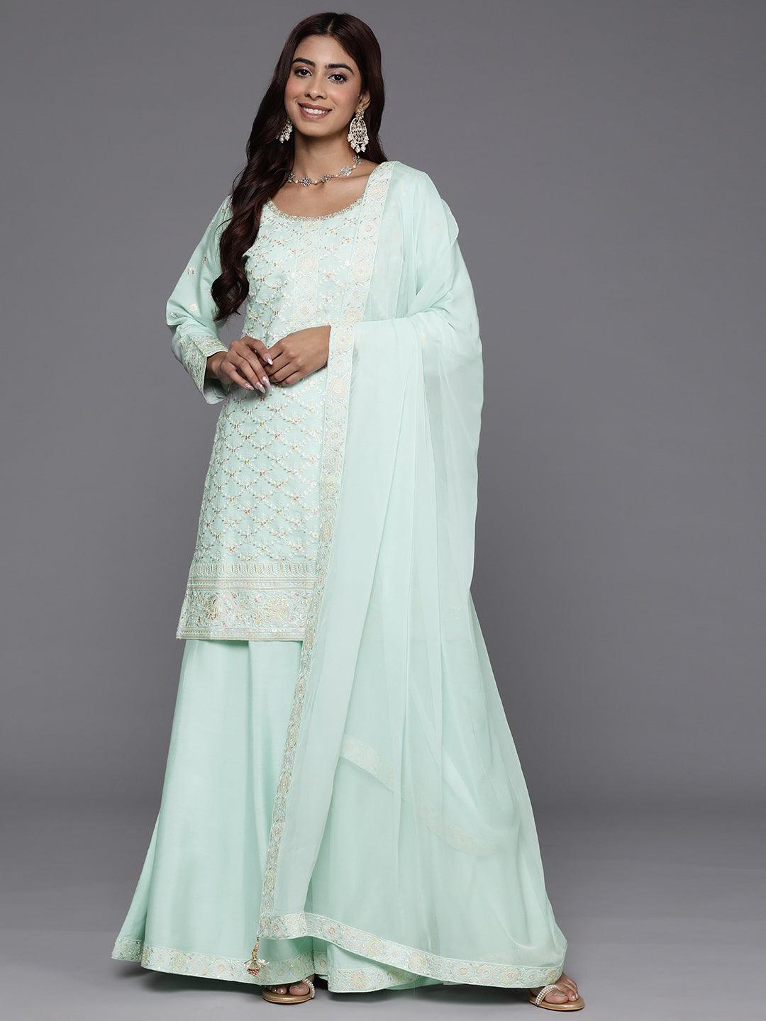 Libas Art Sea Green Embroidered Silk Blend Straight Kurta With Palazzos & Dupatta - Libas 