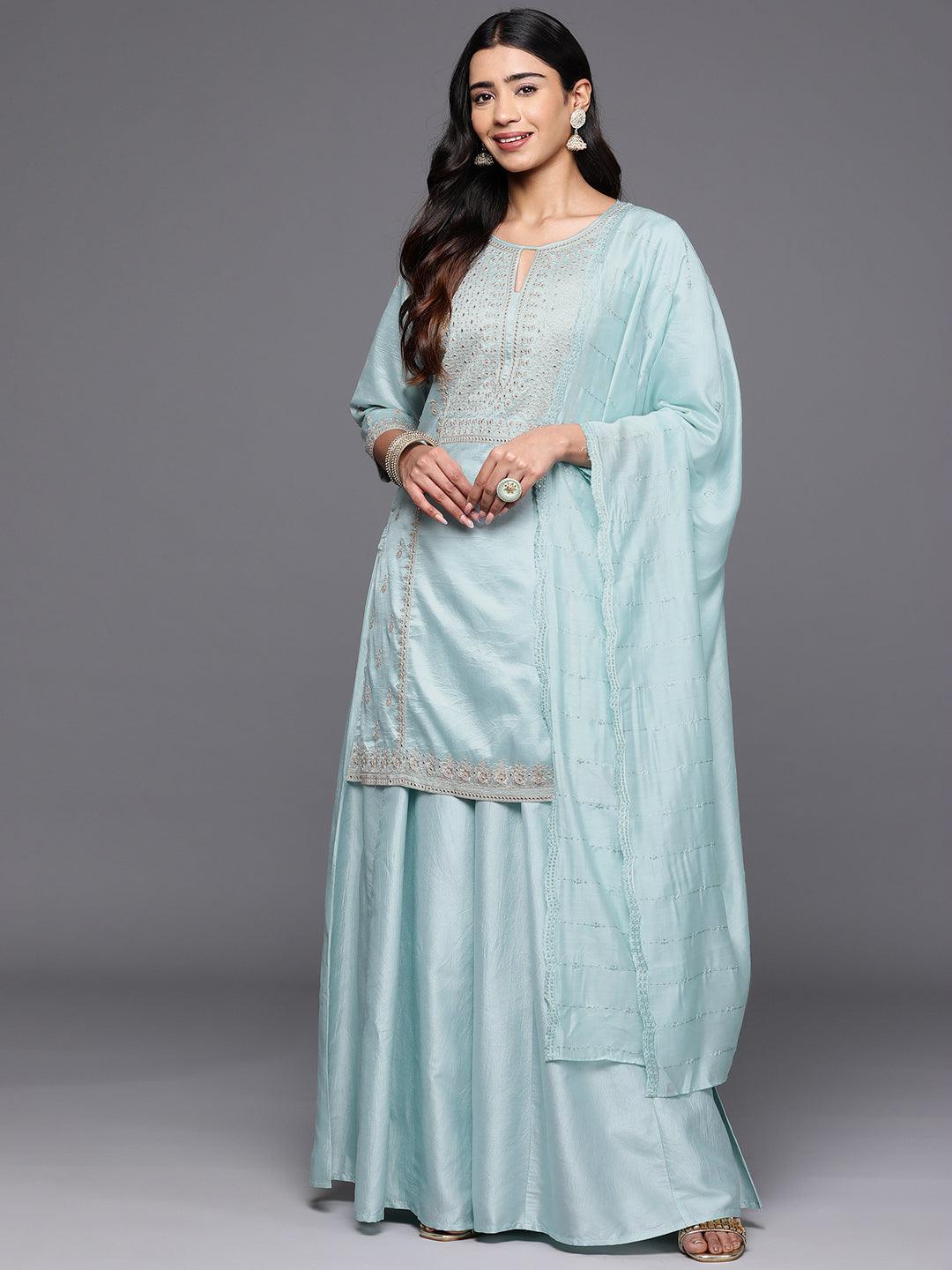 Libas Art Sea Green Embroidered Silk Blend Straight Kurta With Palazzos & Dupatta - Libas 