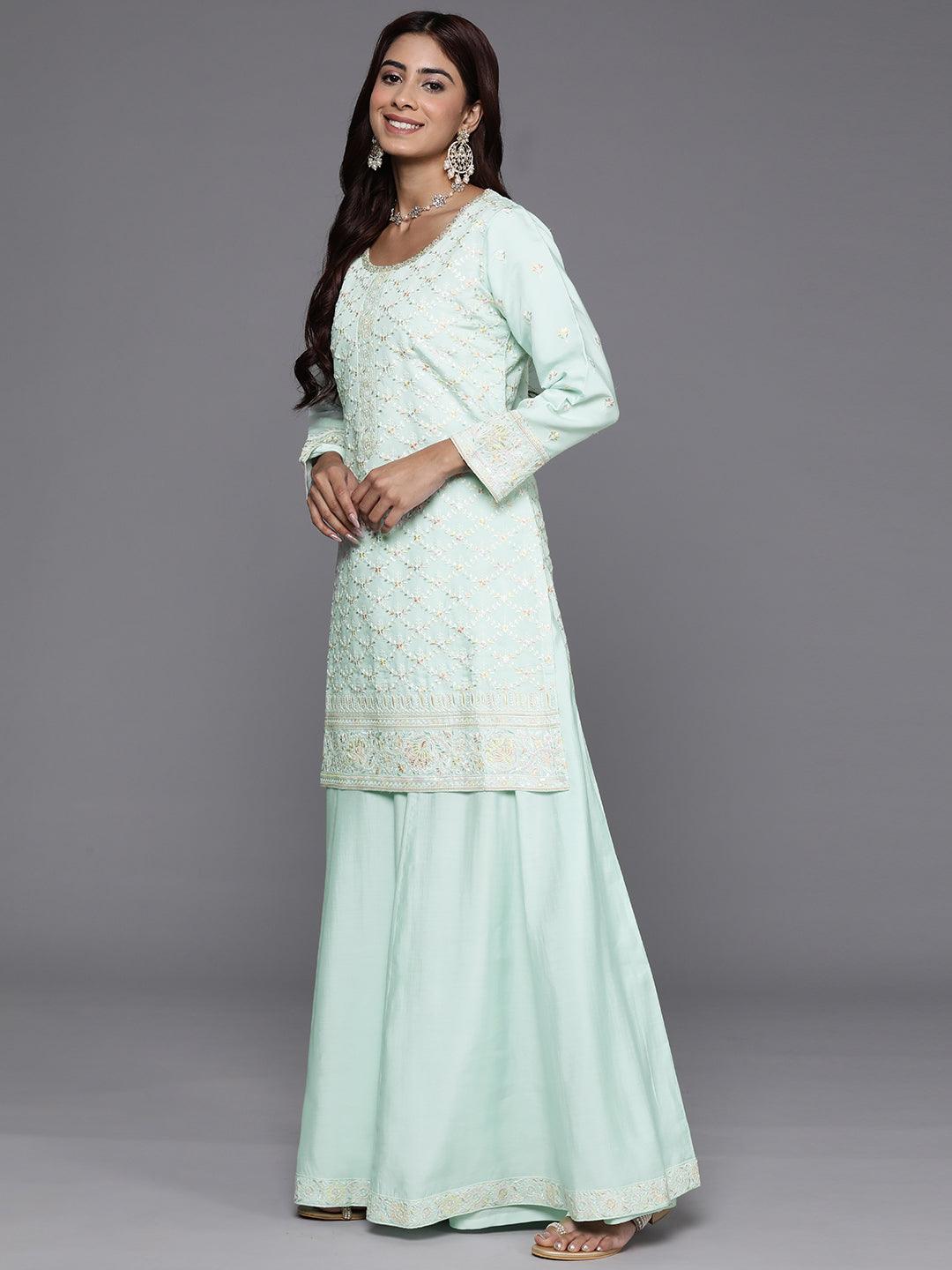 Libas Art Sea Green Embroidered Silk Blend Straight Kurta With Palazzos & Dupatta - Libas 