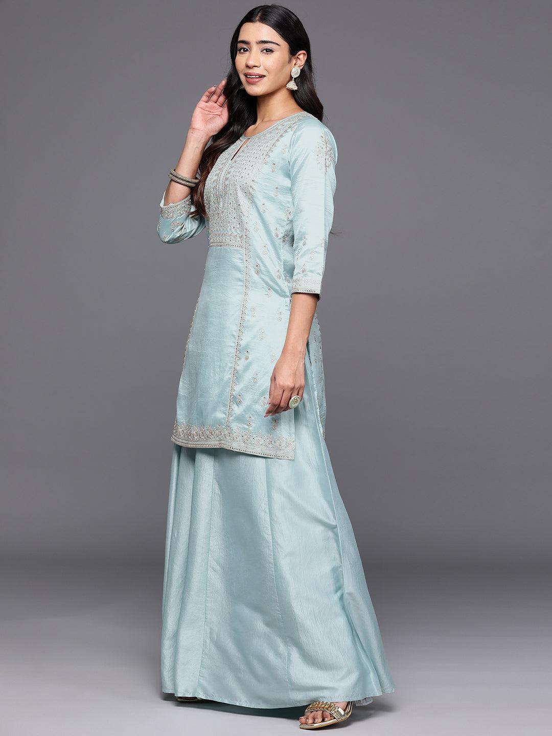 Libas Art Sea Green Embroidered Silk Blend Straight Kurta With Palazzos & Dupatta - Libas 