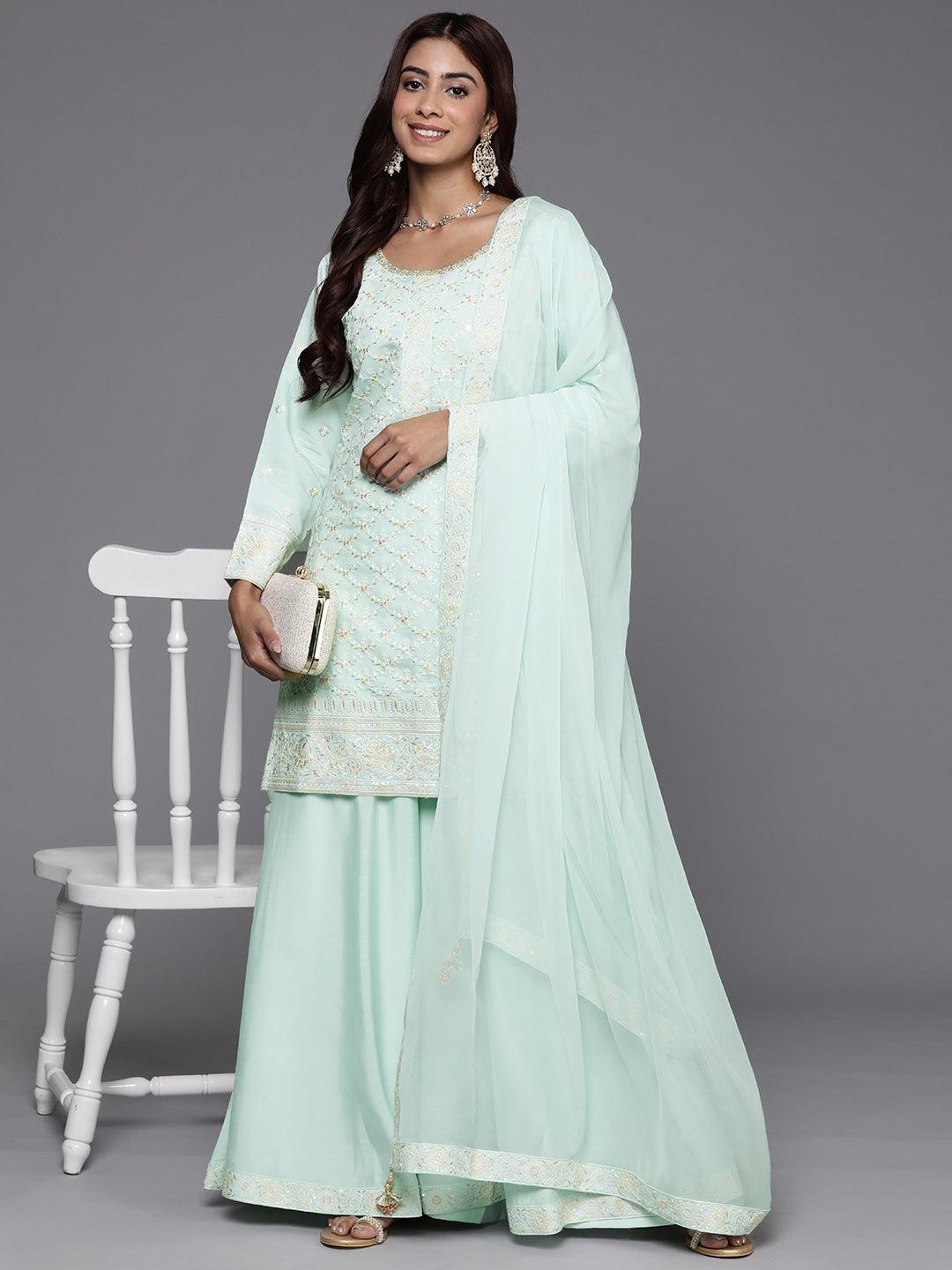 Libas Art Sea Green Embroidered Silk Blend Straight Kurta With Palazzos & Dupatta - Libas 