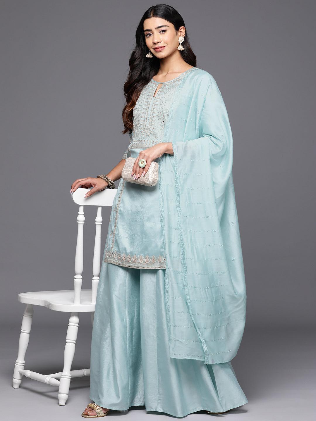 Libas Art Sea Green Embroidered Silk Blend Straight Kurta With Palazzos & Dupatta - Libas 