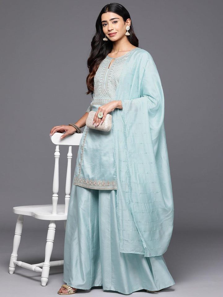 Libas Art Sea Green Embroidered Silk Blend Straight Kurta With Palazzos & Dupatta - Libas