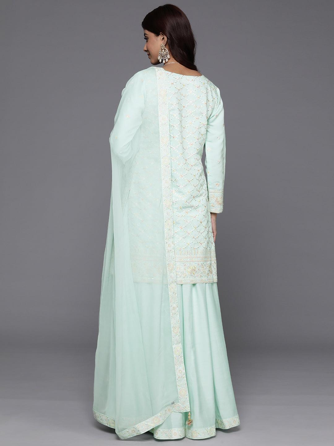 Libas Art Sea Green Embroidered Silk Blend Straight Kurta With Palazzos & Dupatta - Libas 