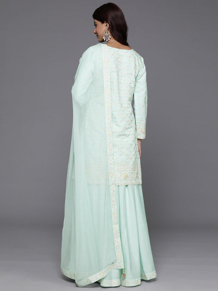 Libas Art Sea Green Embroidered Silk Blend Straight Kurta With Palazzos & Dupatta - Libas