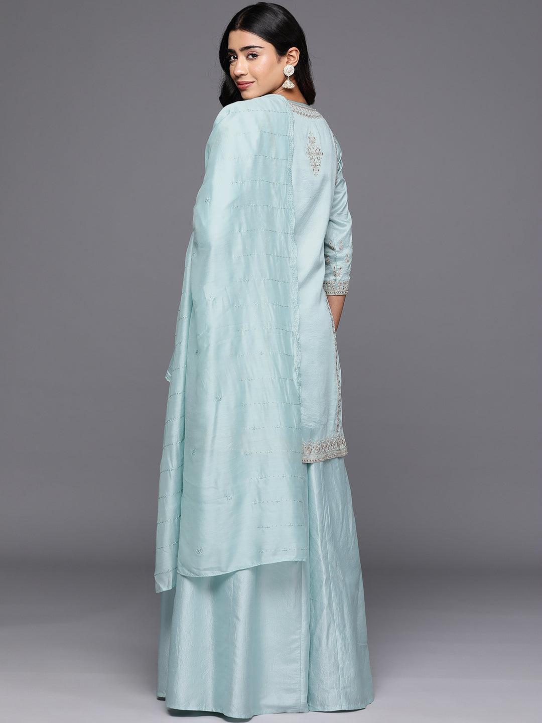 Libas Art Sea Green Embroidered Silk Blend Straight Kurta With Palazzos & Dupatta - Libas