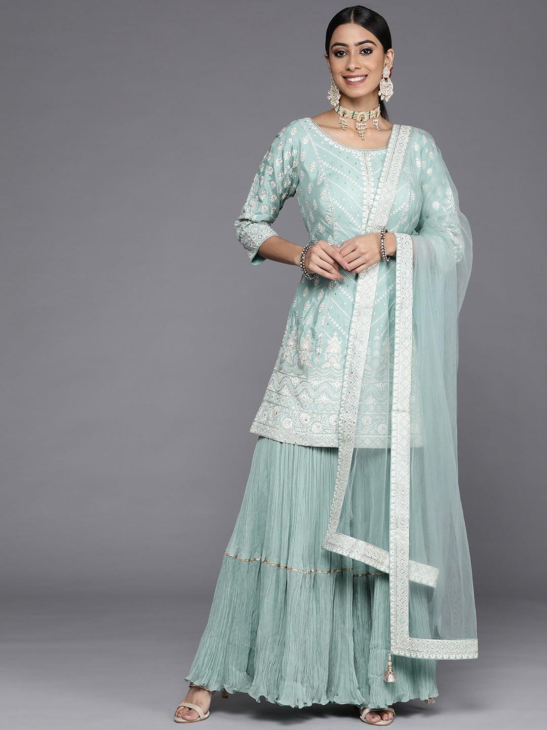 Libas Art Sea Green Embroidered Silk Straight Suit Set - Libas 