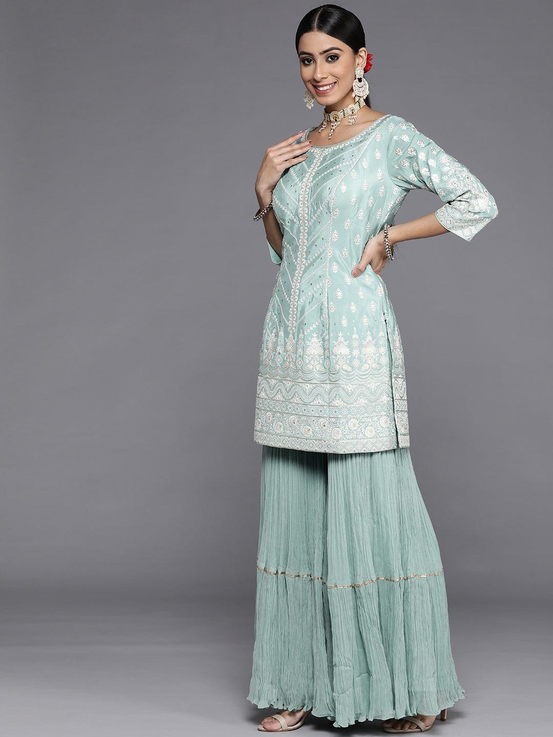 Libas Art Sea Green Embroidered Silk Straight Suit Set - Libas 