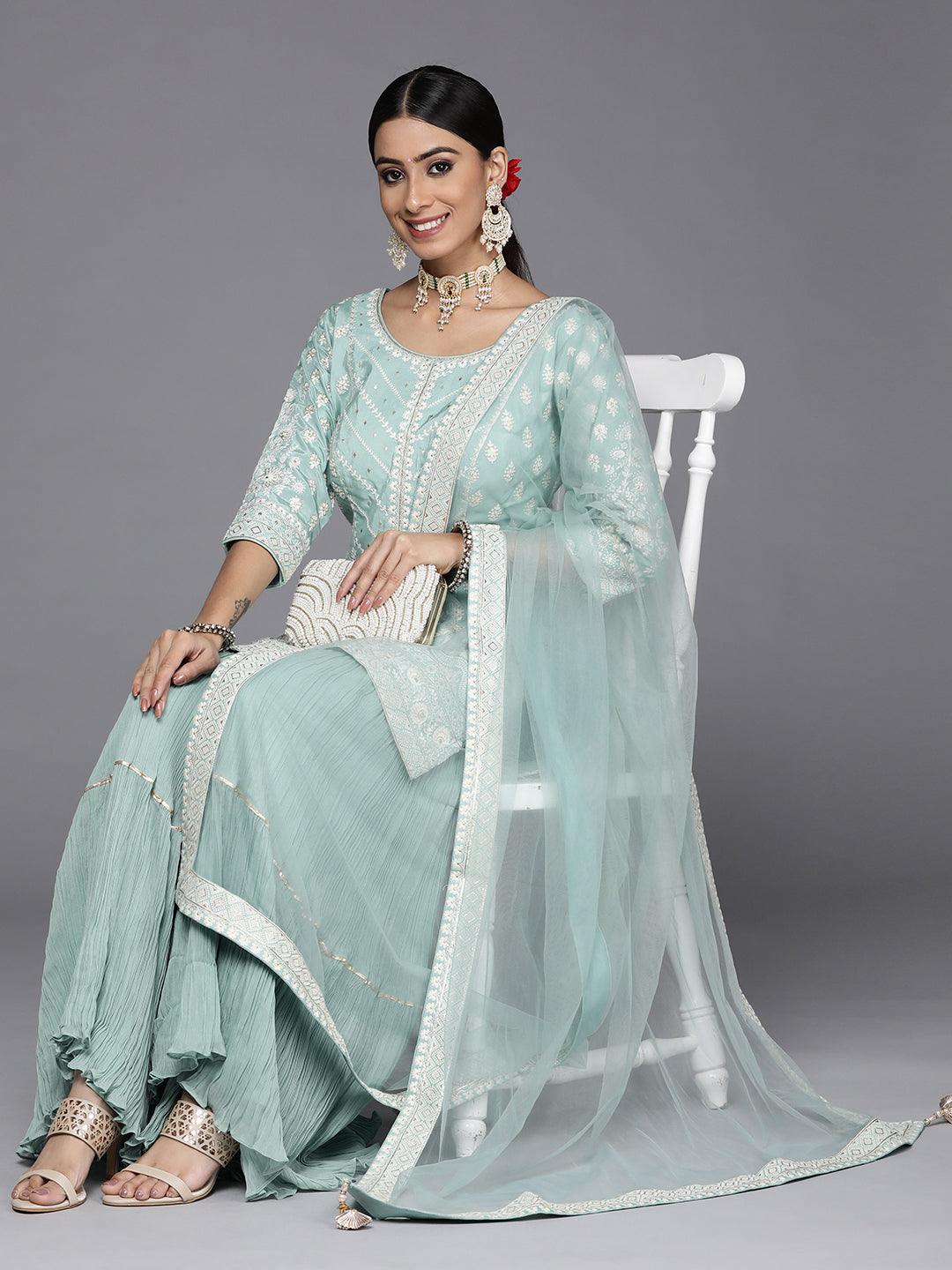 Libas Art Sea Green Embroidered Silk Straight Suit Set - Libas 