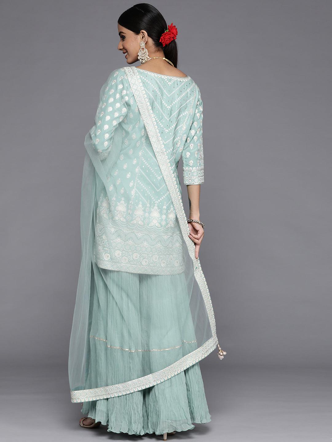 Libas Art Sea Green Embroidered Silk Straight Suit Set - Libas 