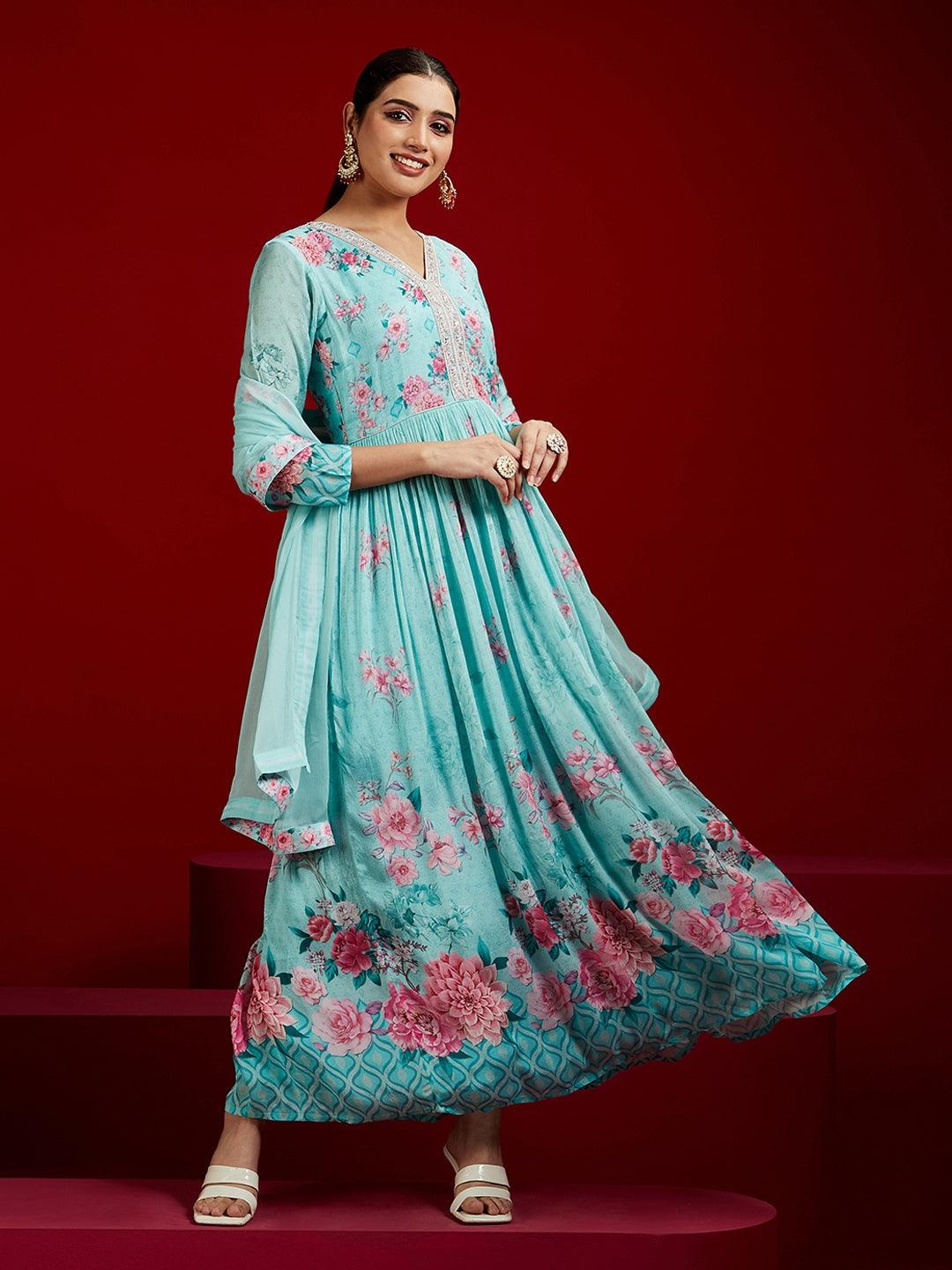 Libas Art Sea Green Printed Silk Chiffon Anarkali Kurta With Trousers & Dupatta - Libas