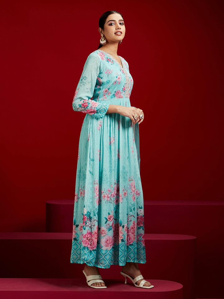 Libas Art Sea Green Printed Silk Chiffon Anarkali Kurta With Trousers & Dupatta - Libas