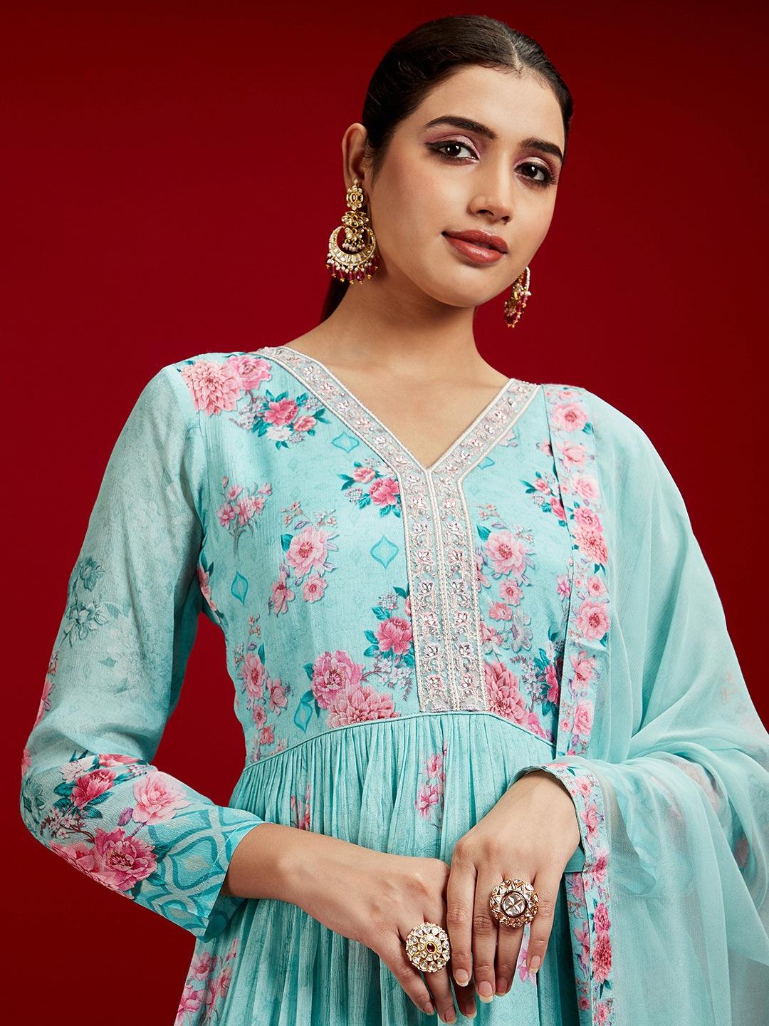 Libas Art Sea Green Printed Silk Chiffon Anarkali Kurta With Trousers & Dupatta - Libas