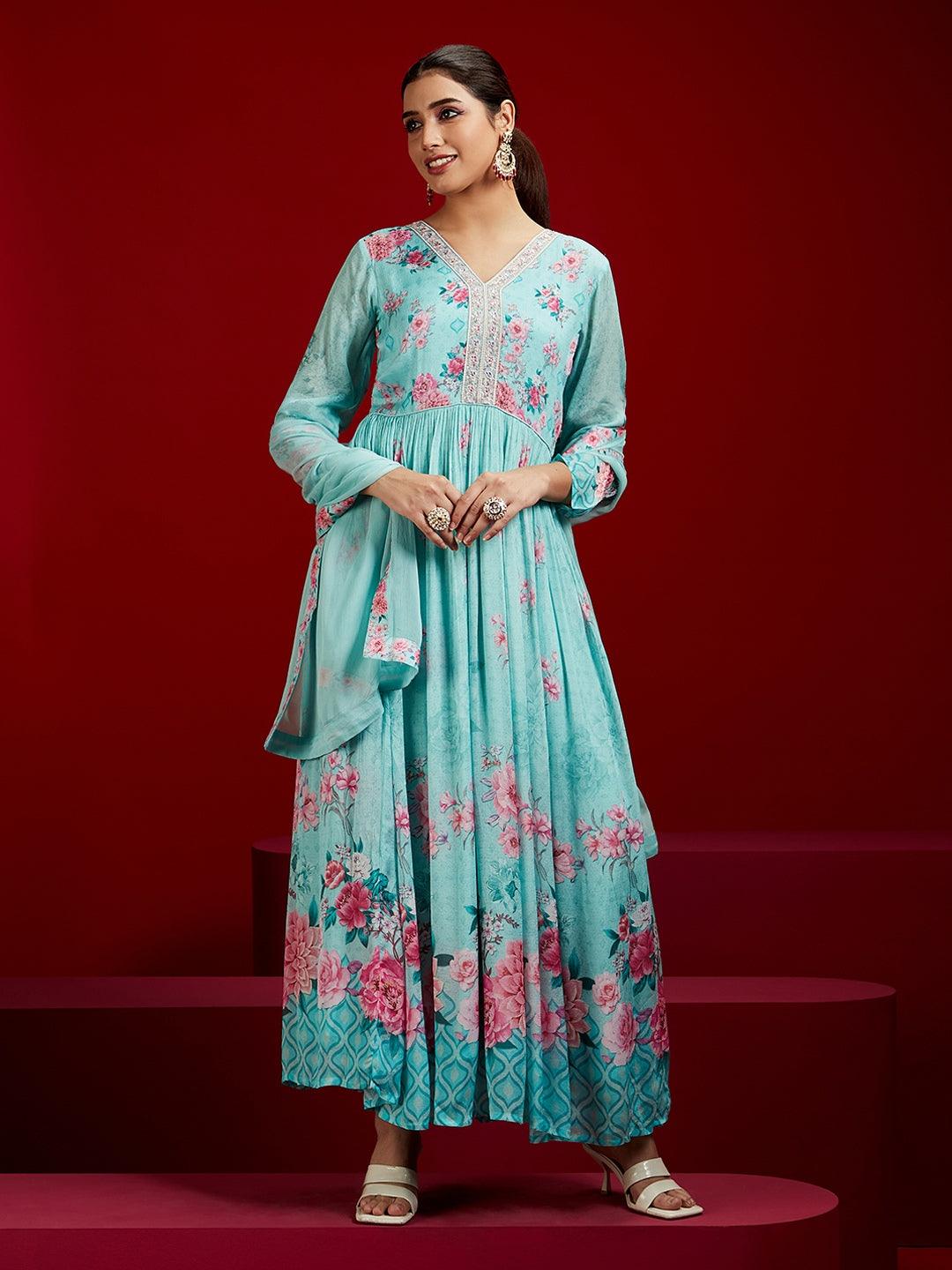 Libas Art Sea Green Printed Silk Chiffon Anarkali Kurta With Trousers & Dupatta - Libas