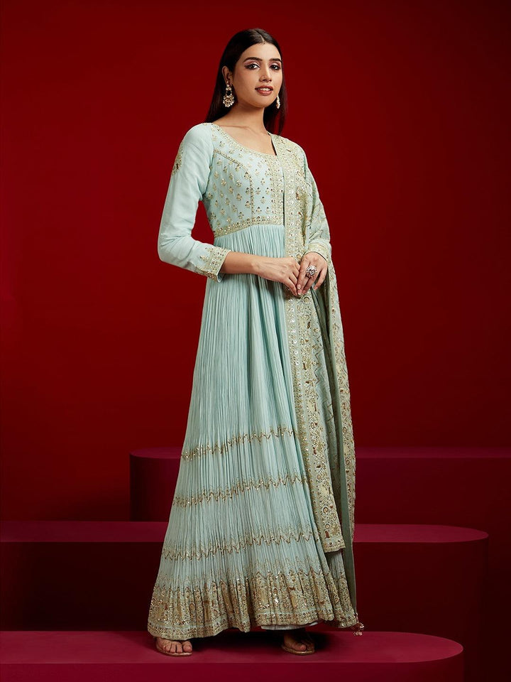 Libas Art Sea Green Yoke Design Georgette A-Line Kurta With Trousers & Dupatta - Libas