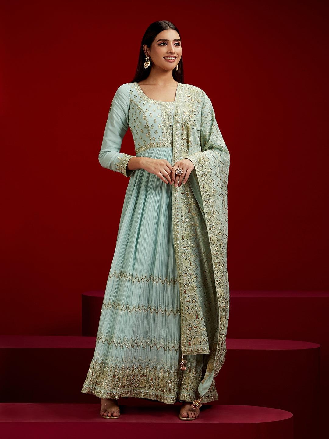 Libas Art Sea Green Yoke Design Georgette A-Line Kurta With Trousers & Dupatta - Libas 