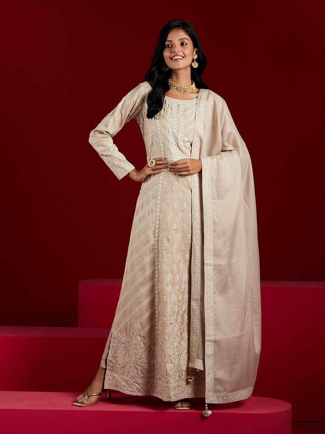 Libas Art Taupe Embroidered Silk A-Line Kurta With Trousers & Dupatta - Libas