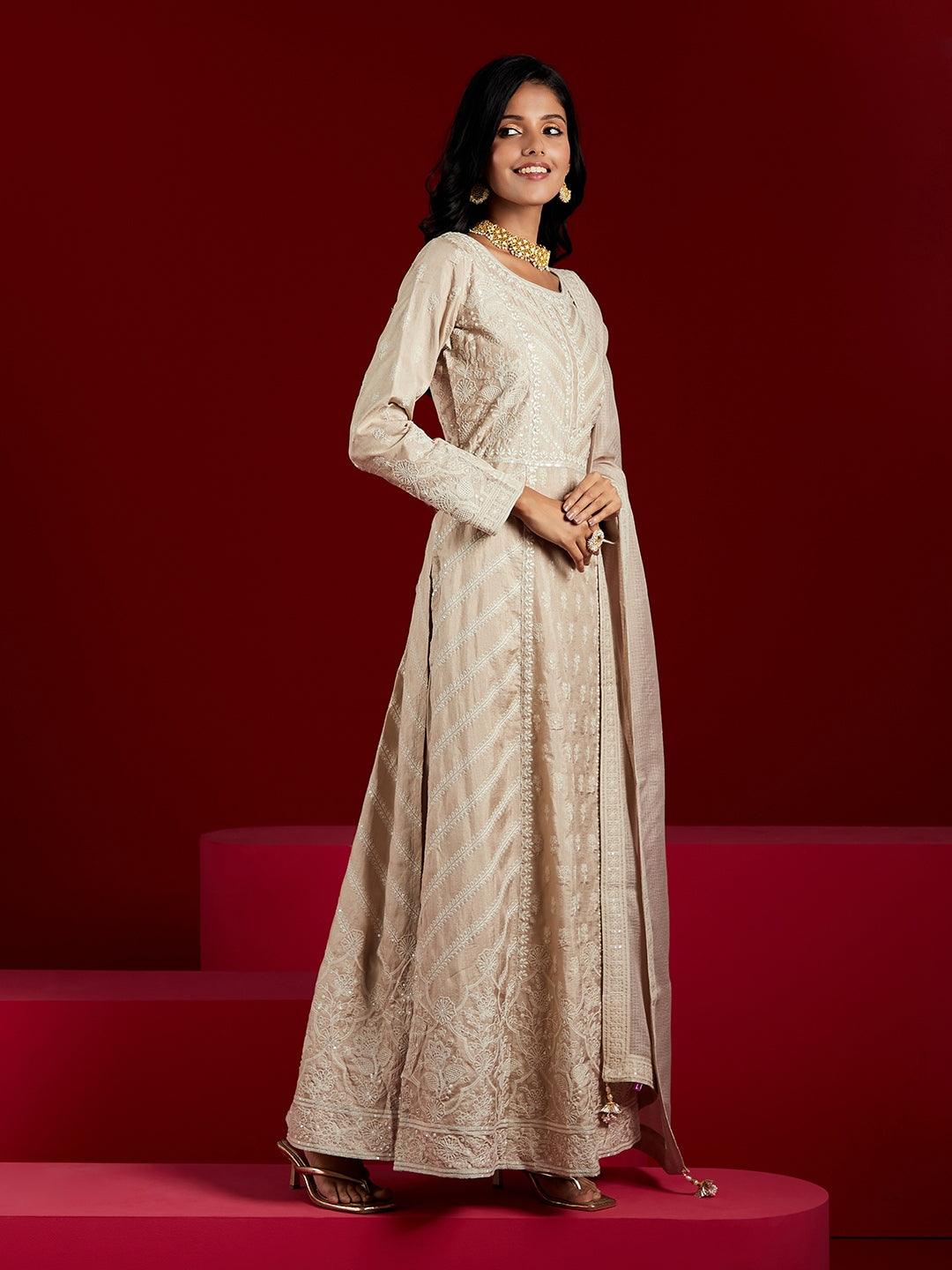 Libas Art Taupe Embroidered Silk A-Line Kurta With Trousers & Dupatta - Libas 