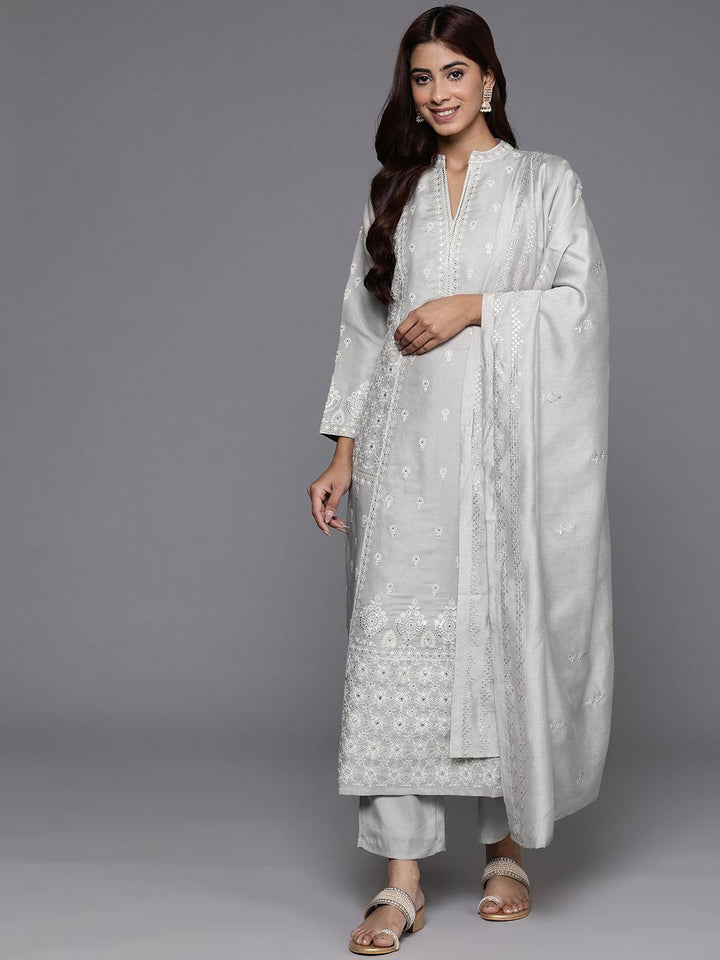 Libas Art Taupe Embroidered Silk Blend A-Line Kurta With Trousers & Dupatta - Libas