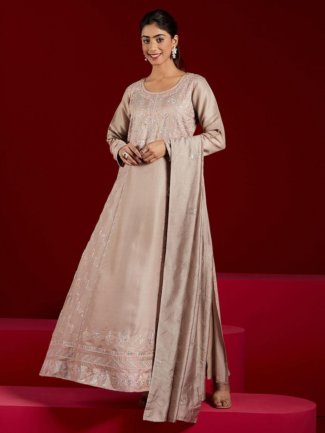 Libas Art Taupe Embroidered Silk Blend A-Line Kurta With Trousers & Dupatta - Libas