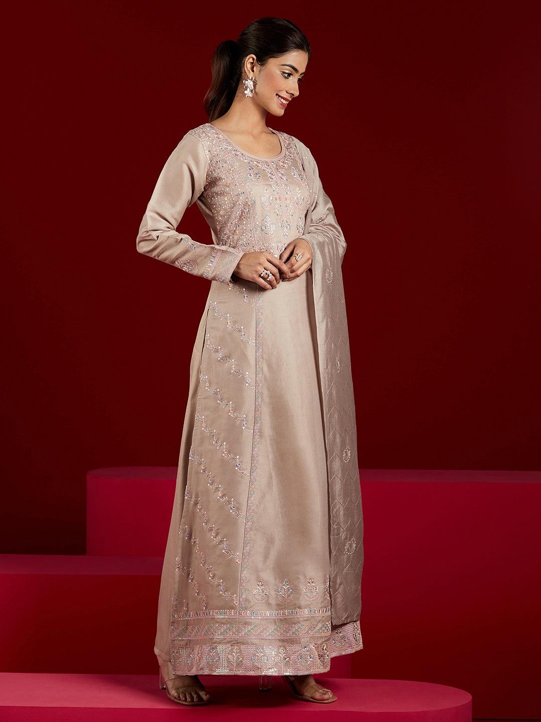 Libas Art Taupe Embroidered Silk Blend A-Line Kurta With Trousers & Dupatta - Libas 