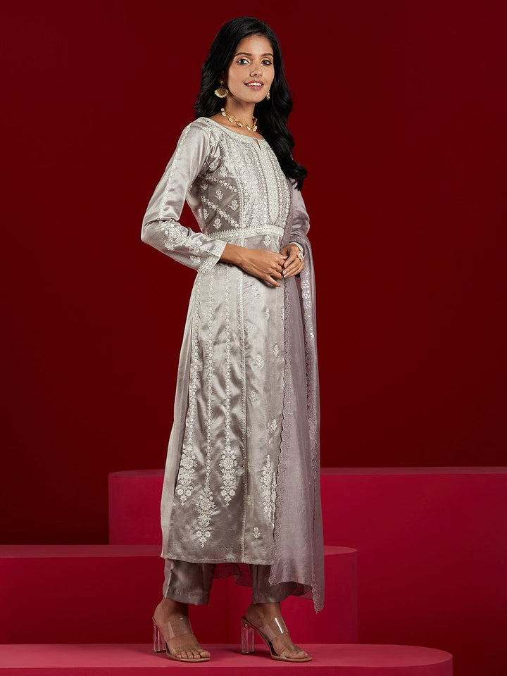 Libas Art Taupe Embroidered Silk Blend A-Line Kurta With Trousers & Dupatta - Libas