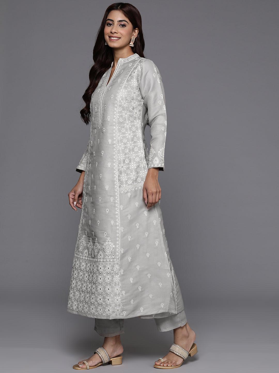 Libas Art Taupe Embroidered Silk Blend A-Line Kurta With Trousers & Dupatta - Libas 