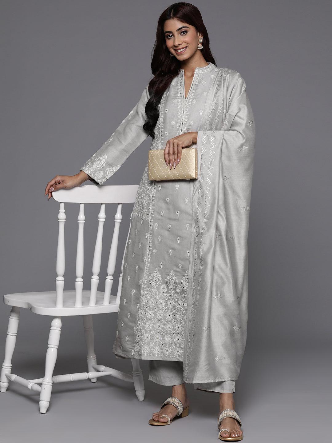 Libas Art Taupe Embroidered Silk Blend A-Line Kurta With Trousers & Dupatta - Libas 