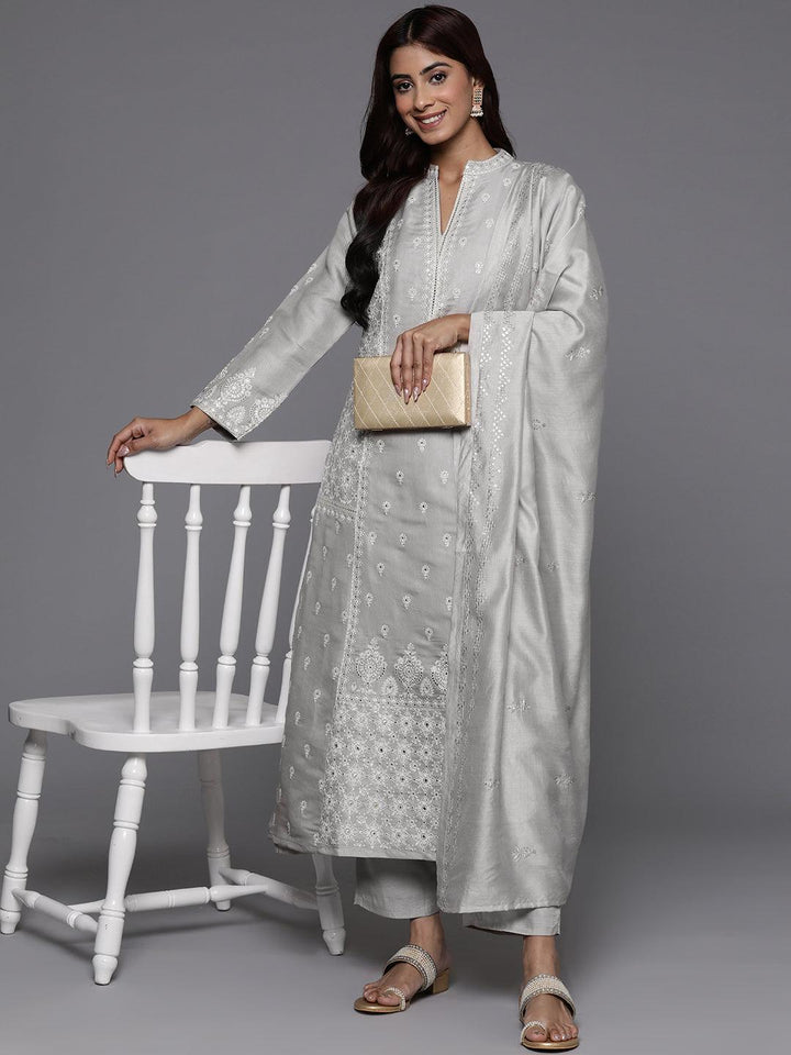 Libas Art Taupe Embroidered Silk Blend A-Line Kurta With Trousers & Dupatta - Libas