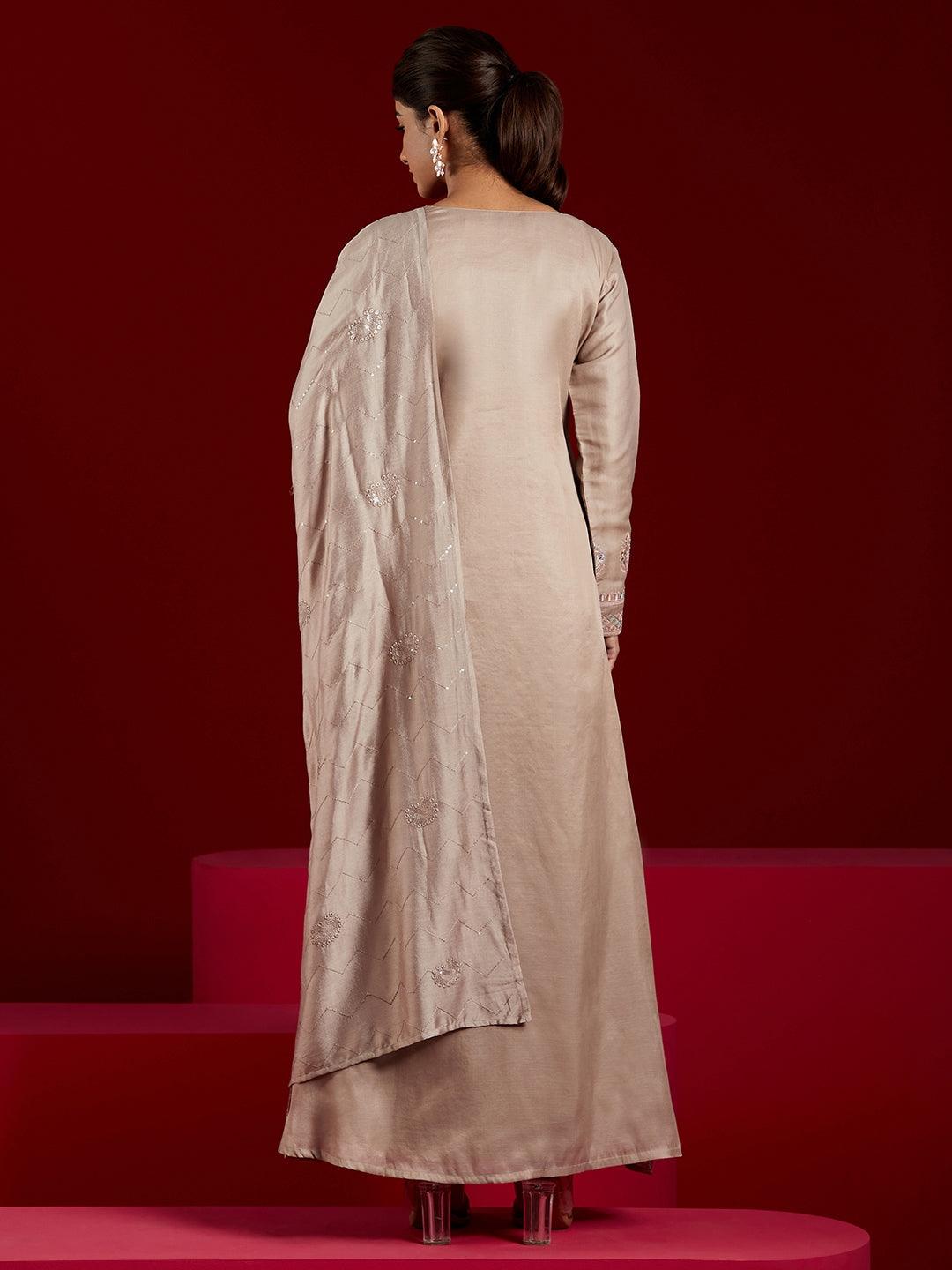 Libas Art Taupe Embroidered Silk Blend A-Line Kurta With Trousers & Dupatta - Libas 