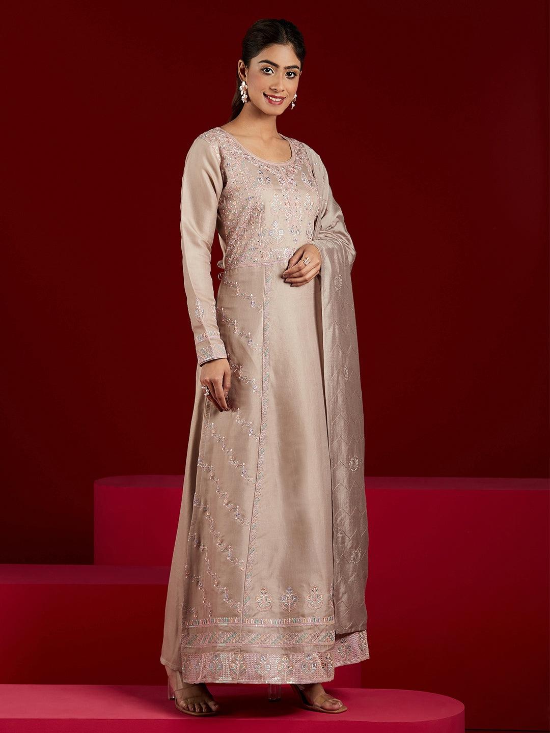 Libas Art Taupe Embroidered Silk Blend A-Line Kurta With Trousers & Dupatta - Libas 