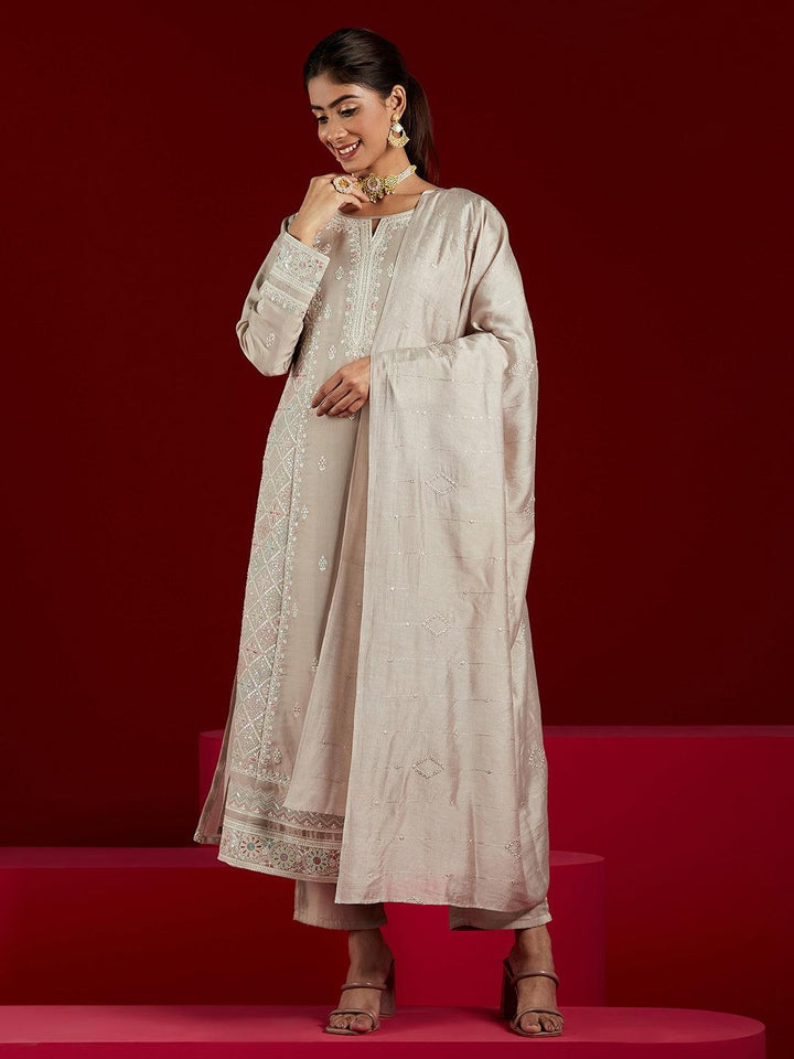 Libas Art Taupe Embroidered Silk Blend A-Line Kurta With Trousers & Dupatta - Libas