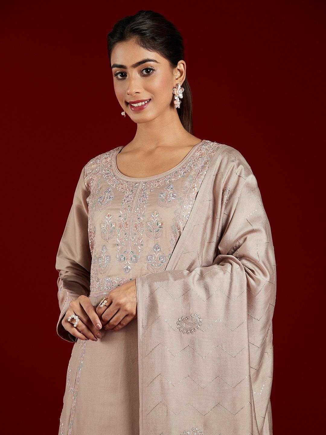 Libas Art Taupe Embroidered Silk Blend A-Line Kurta With Trousers & Dupatta - Libas