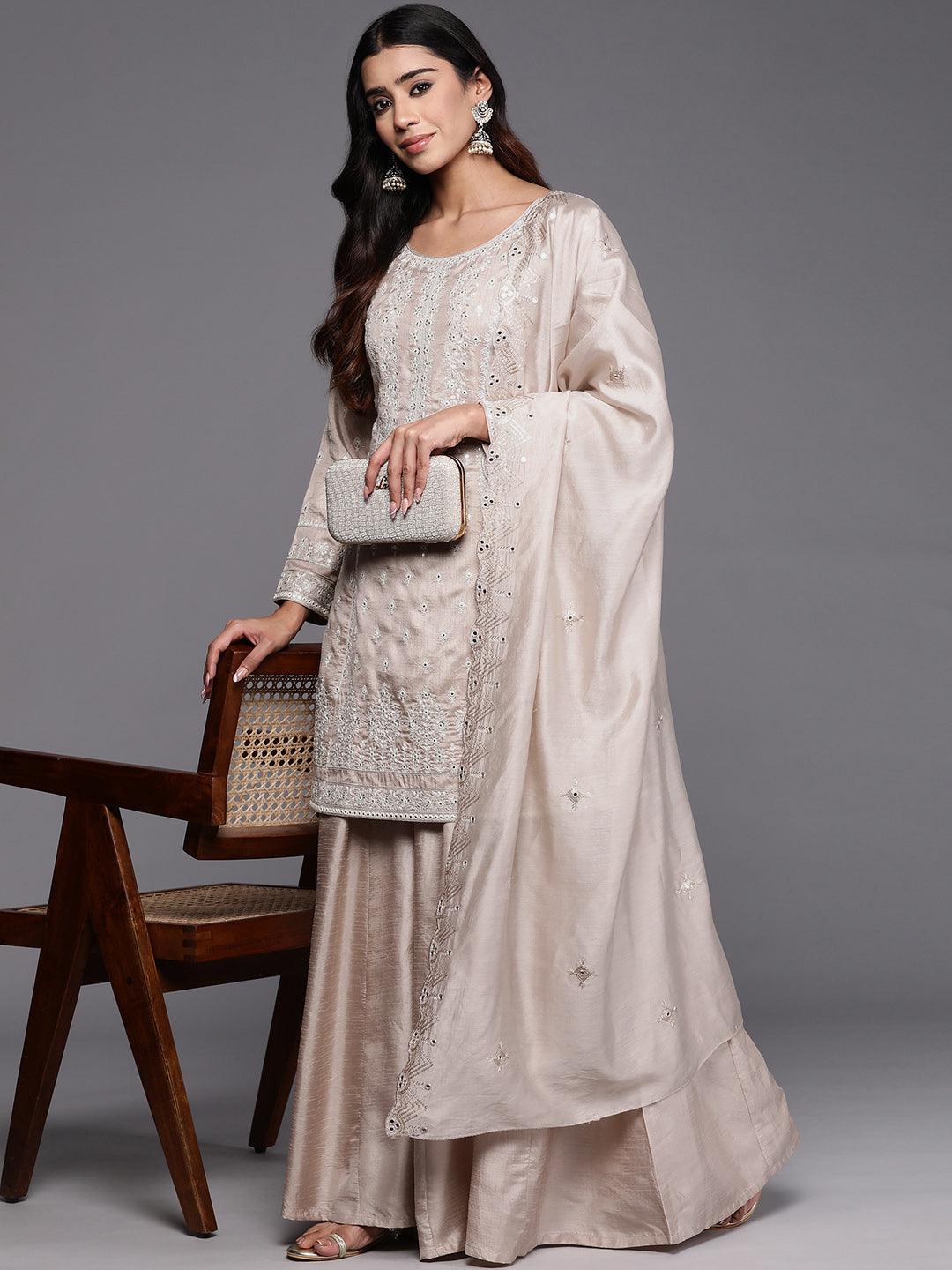 Libas Art Taupe Embroidered Silk Blend Straight Kurta With Palazzos & Dupatta - Libas