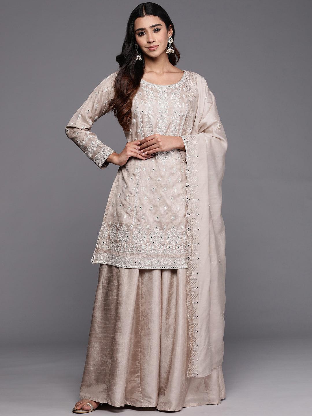 Libas Art Taupe Embroidered Silk Blend Straight Kurta With Palazzos & Dupatta - Libas 