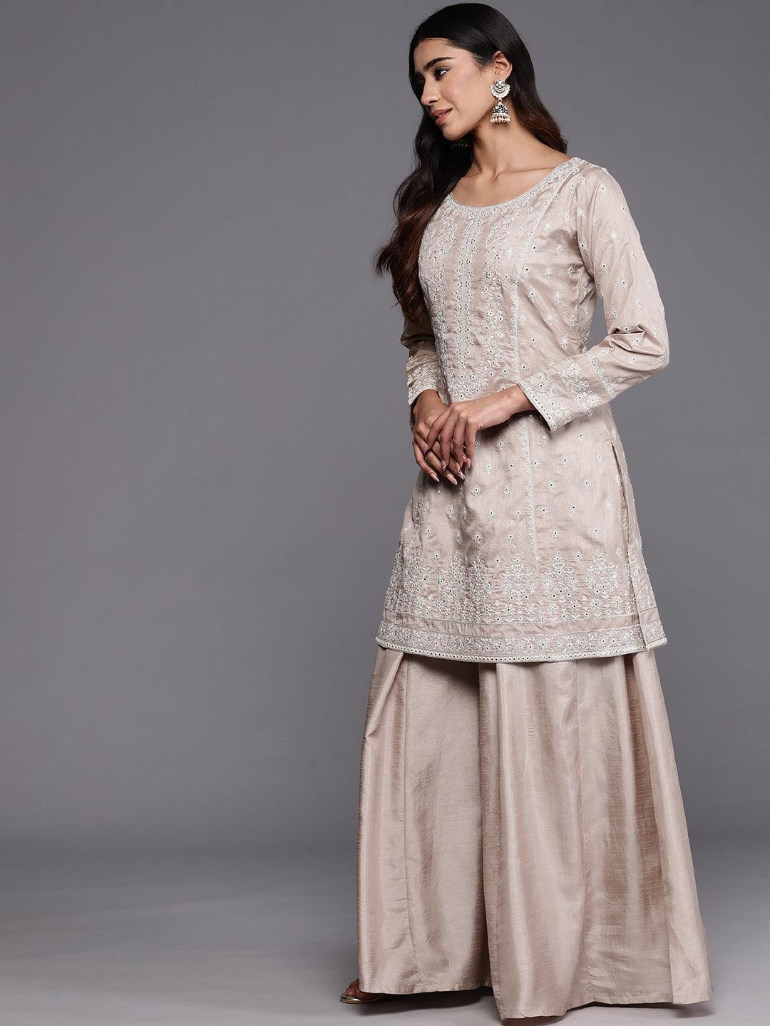 Libas Art Taupe Embroidered Silk Blend Straight Kurta With Palazzos & Dupatta - Libas 