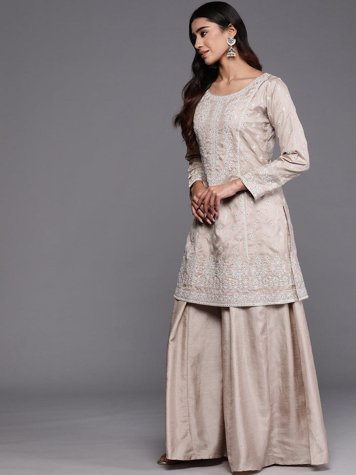 Libas Art Taupe Embroidered Silk Blend Straight Kurta With Palazzos & Dupatta - Libas