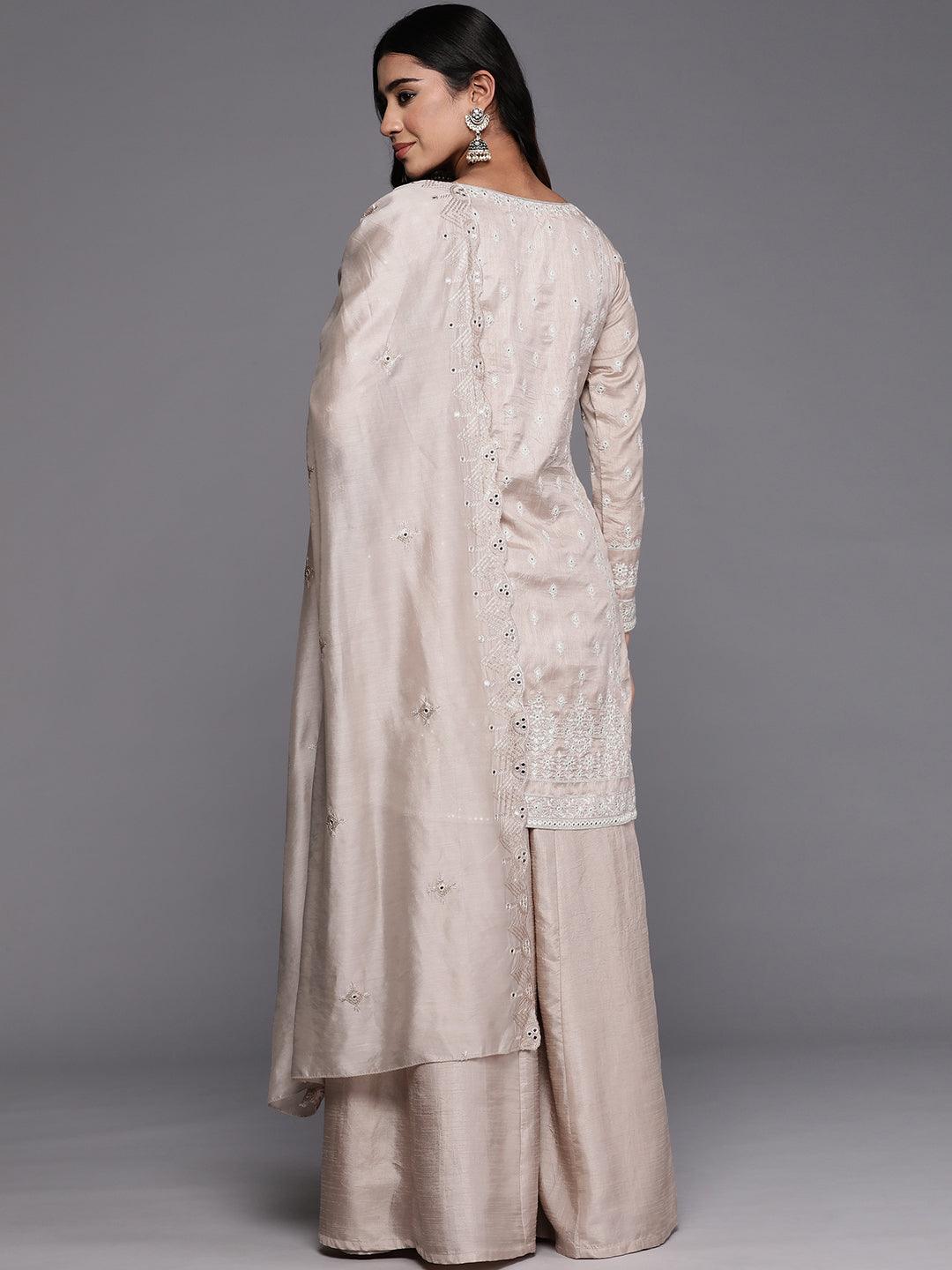 Libas Art Taupe Embroidered Silk Blend Straight Kurta With Palazzos & Dupatta - Libas 