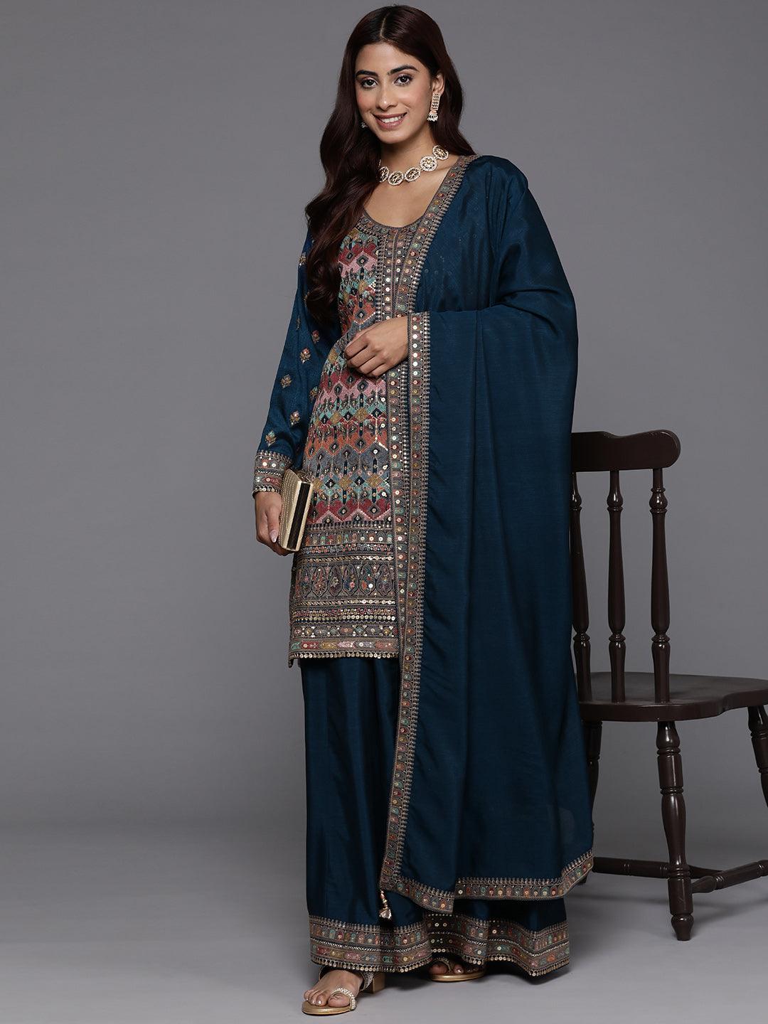 Libas Art Teal Embroidered Silk Blend Straight Kurta With Palazzos & Dupatta - Libas 