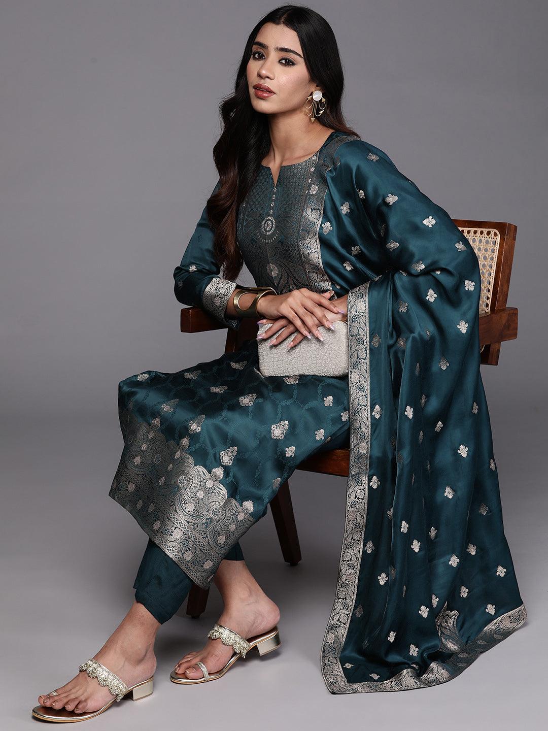 Libas Art Teal Embroidered Silk Straight Kurta With Trousers & Dupatta - Libas 